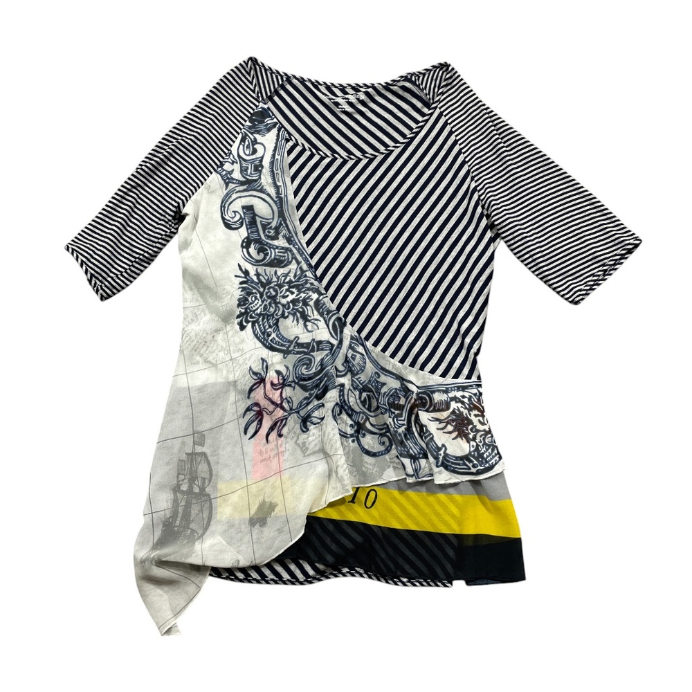 Soft Surroundings‎ Medium Navy Grey Yellow trim Eclectic Top